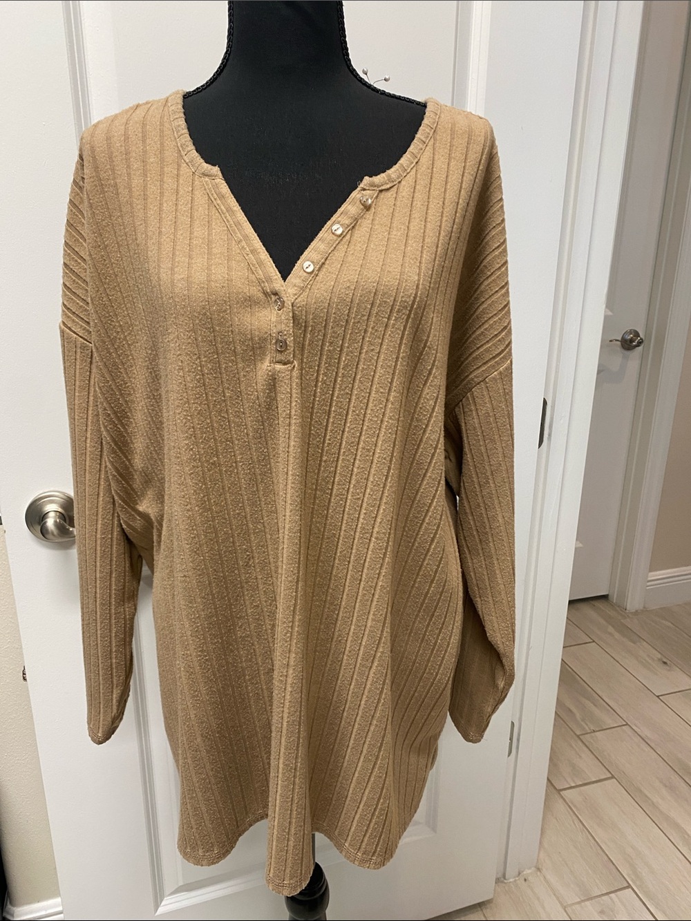 AnyBody Tan Ribbed Henley Tunic